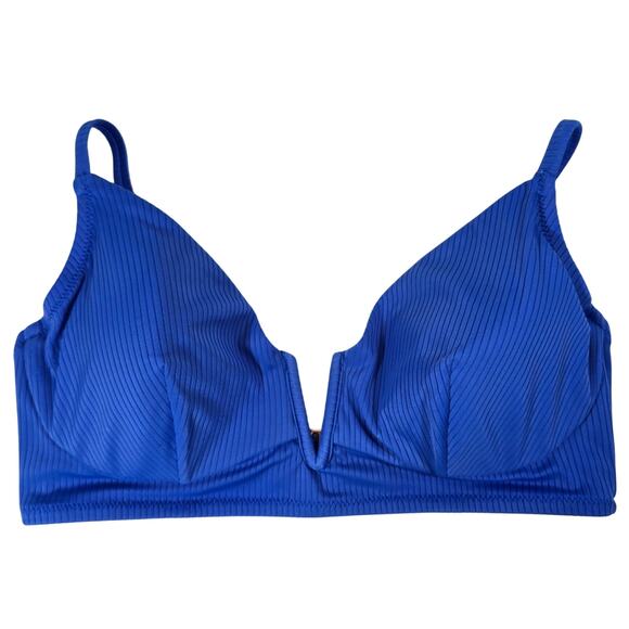 M Shade & Shore Blue V Ribbed Swim Top Bra Womens Size 36D Boning Removable Pads - Picture 1 of 10